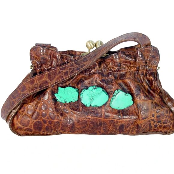 ARAHOE $400 Western Croc Leather Turquoise Kisslock Bag - Made in the USA - Picture 4 of 13
